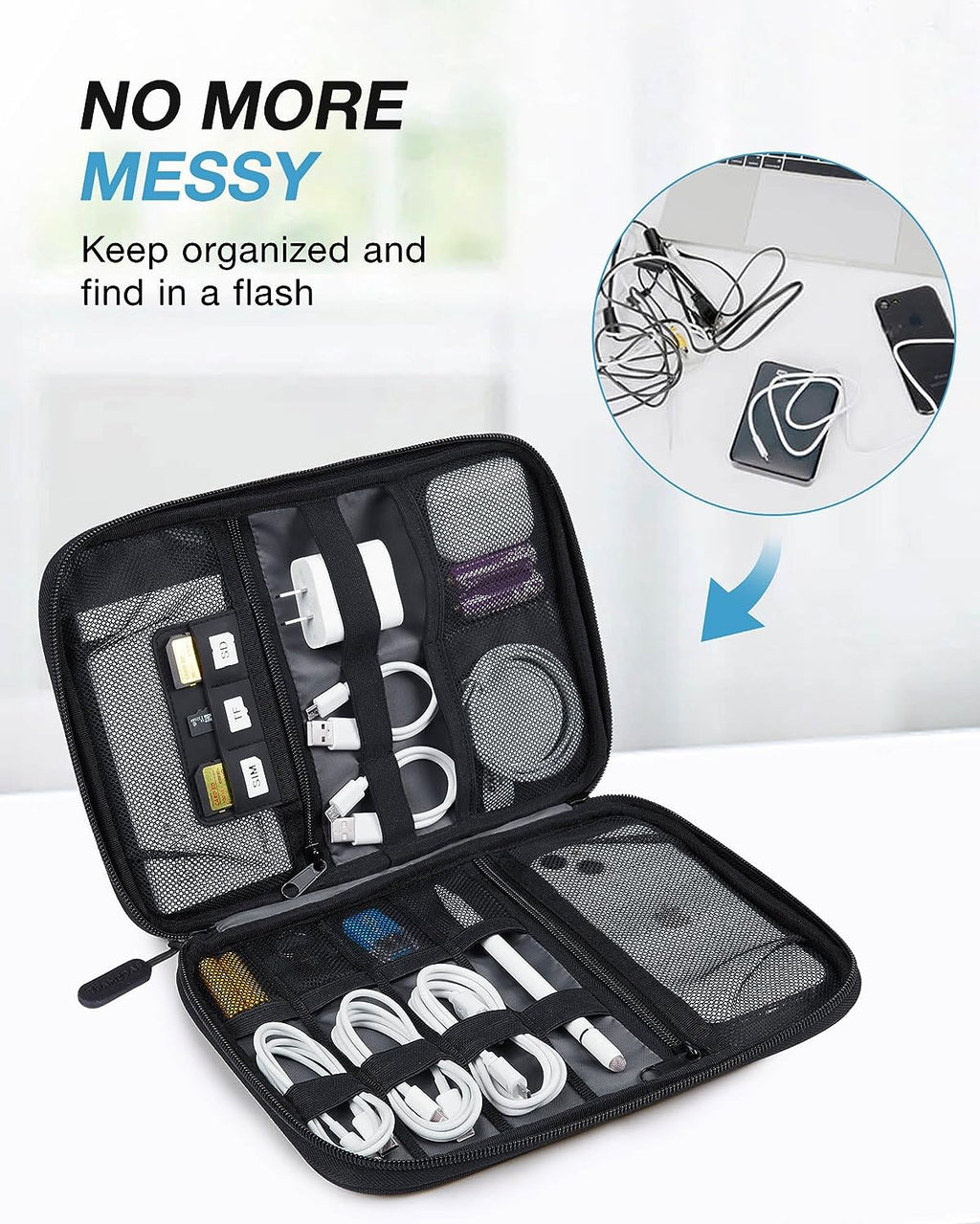 Large Electronic Organizer Travel Case for Tech Accessories, Black