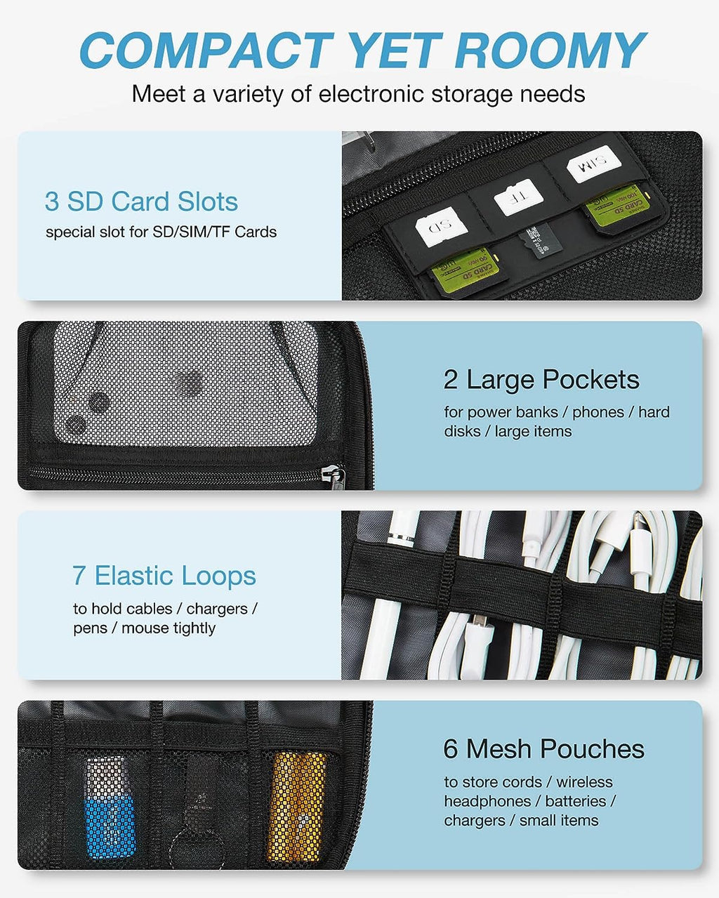 Large Electronic Organizer Travel Case for Tech Accessories, Black