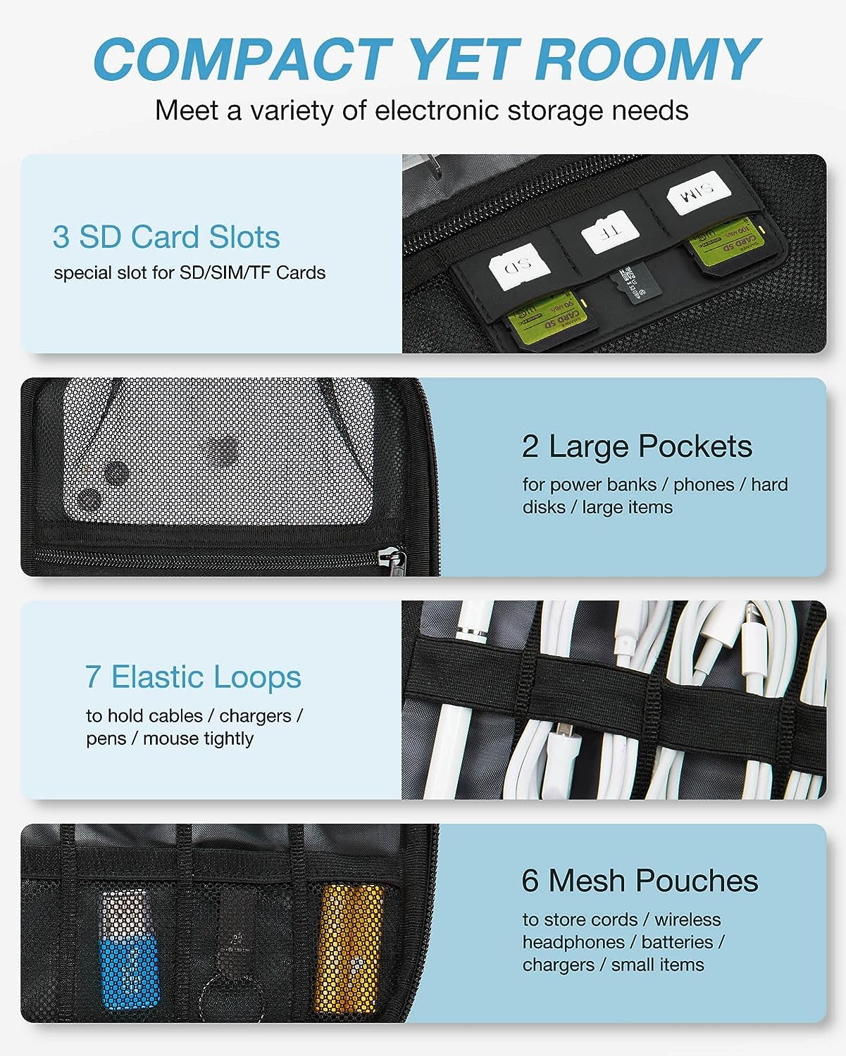 Large Electronic Organizer Travel Case for Tech Accessories, Black